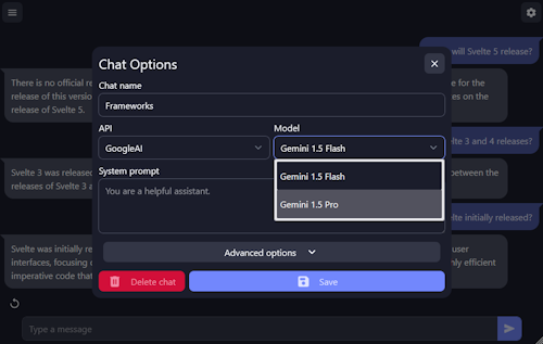 The open setting dialog lets you rename your chat, switch between different APIs and models, choose a custom system prompt, and more.