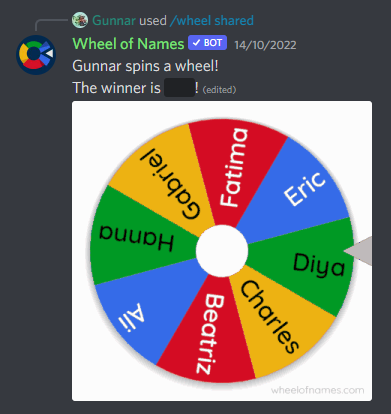 The Wheel of Names Discord bot responds to a '/wheel' command with a GIF of the Wheel of Names spinning.