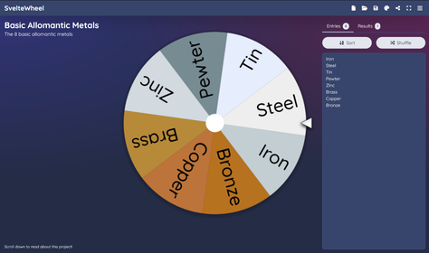 SvelteWheel has a large wheel in the center of the page. There is a textbox with names on the right, and those names are reflected as colored sections on the wheel.